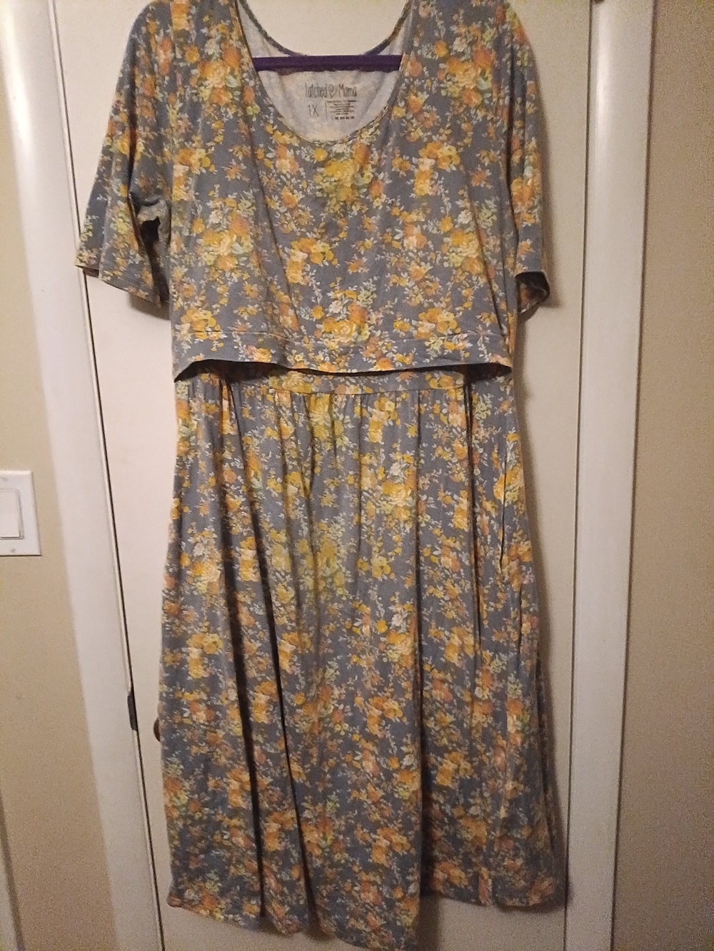 Latched Mama Blue Grey Dress with Yellow Floral Print